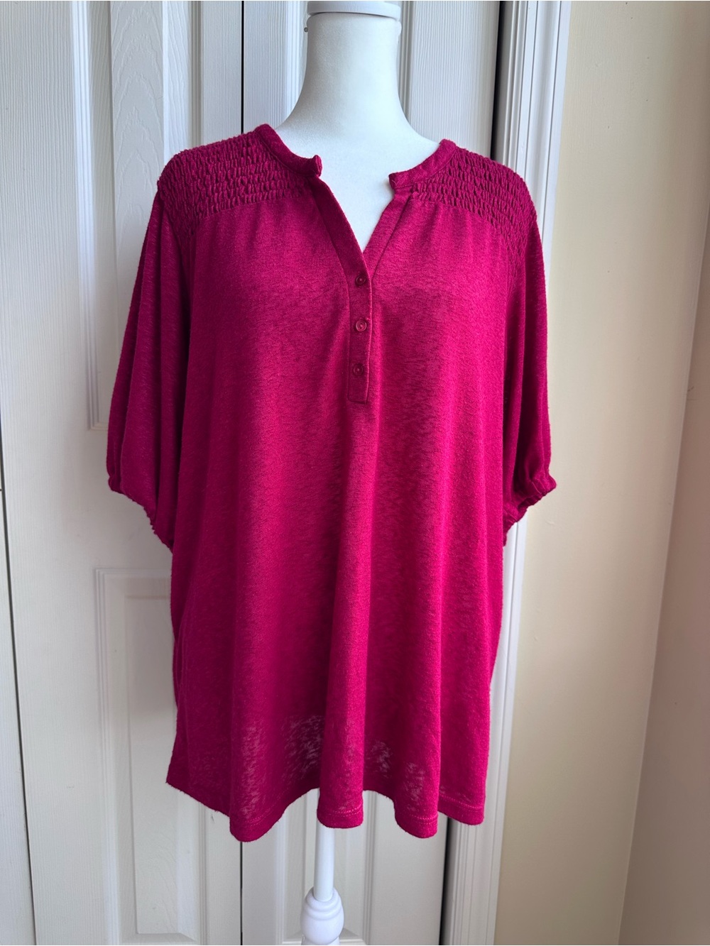 bobeau Ruby Red Smocked Yoke Henley Top